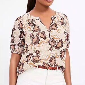 LOFT Beige and Brown Puff Sleeve Animal Print Floral Blouse